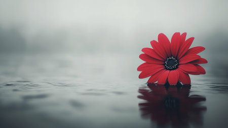 In the early morning light, a vibrant red flower emerges from the serene water, its reflection visible on the smooth surface, framed by soft mist and gentle grasses in the background.の素材