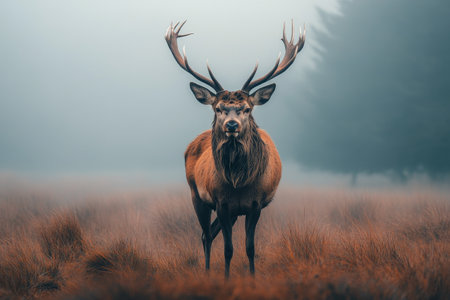 A powerful stag with impressive antlers stands gracefully in a vast golden field at dawn. The soft light enhances its majestic presence, creating a tranquil atmosphere.の素材