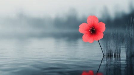 In the early morning light, a vibrant red flower emerges from the serene water, its reflection visible on the smooth surface, framed by soft mist and gentle grasses in the background.の素材