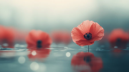 In the early morning light, a vibrant red flower emerges from the serene water, its reflection visible on the smooth surface, framed by soft mist and gentle grasses in the background.の素材