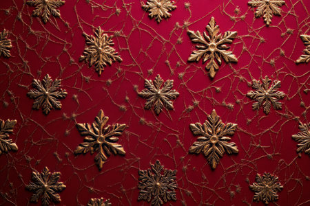 A vibrant red surface is decorated with various golden snowflakes and shimmering elements. This festive arrangement creates a warm and inviting atmosphere perfect for holiday celebrations.の素材