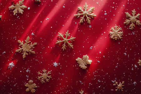 A vibrant red surface is decorated with various golden snowflakes and shimmering elements. This festive arrangement creates a warm and inviting atmosphere perfect for holiday celebrations.の素材