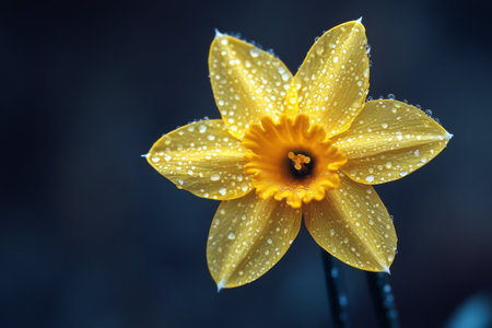 A vibrant yellow daffodil stands out against a dark background, its petals glistening with fresh water droplets. The flower showcases natures beauty in a spring setting.の素材