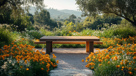 A rustic wooden picnic table with benches rests among colorful wildflowers in a lush green forest. The bright blooms create a picturesque outdoor dining spot, inviting relaxation and enjoyment.の素材