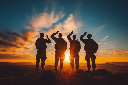 Three soldiers stand in a line on a rocky hilltop, saluting as the sun sets behind them. The sky is painted with vibrant orange and purple hues, while a city skyline is visible in the distance.の素材