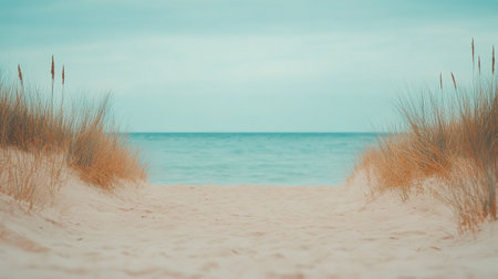 The sun sets on a serene beach, casting warm colors across the sky. Gentle waves lap at the shore while soft grass grows by the sandy beach, creating a peaceful atmosphere.の素材