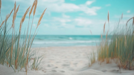 The sun sets on a serene beach, casting warm colors across the sky. Gentle waves lap at the shore while soft grass grows by the sandy beach, creating a peaceful atmosphere.の素材