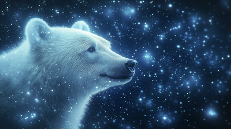 A polar bear stands in a serene snowy environment, looking upwards towards a sky filled with twinkling stars. The scene captures a magical moment in the quiet wilderness.の素材