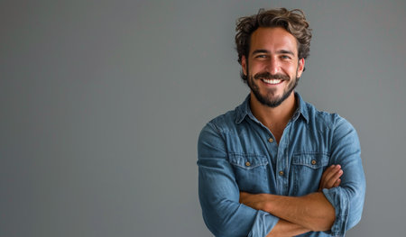 A man with a confident smile stands in front of a gray wall, wearing a denim shirt with his arms crossed.の素材