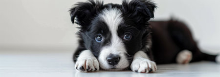 A black and white border collie puppy lays on a white floor, looking up at a blue and purple toy.の素材