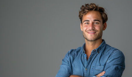 A man with a confident smile stands in front of a gray wall, wearing a denim shirt with his arms crossed.の素材