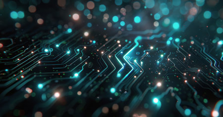 An abstract image of a circuit board with glowing blue lines and lights.の素材