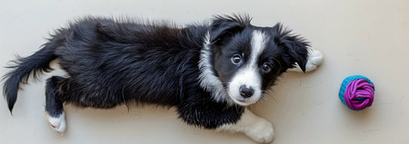 A black and white border collie puppy lays on a white floor, looking up at a blue and purple toy.の素材