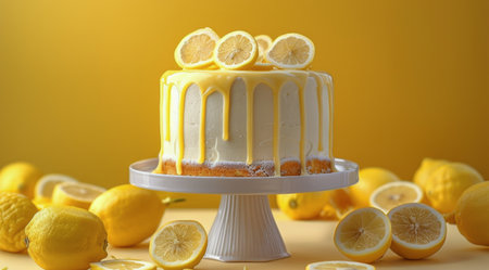 A close-up image of a lemon drizzle cake with lemon slices on top, sitting on a white cake stand.の素材