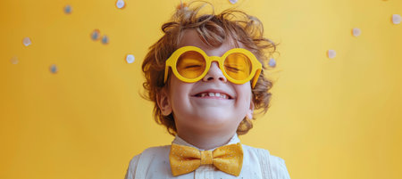 A young boy in sunglasses smiles brightly as he is showered with confetti.の素材