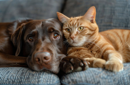 A chocolate Labrador Retriever and an orange tabby cat are lying next to each other on a couch, both looking relaxed and content.の素材