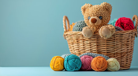 A brown bear holds a basket of colorful yarn balls, partially covered by a soft, white knit blanket. The image has a blue background.の素材