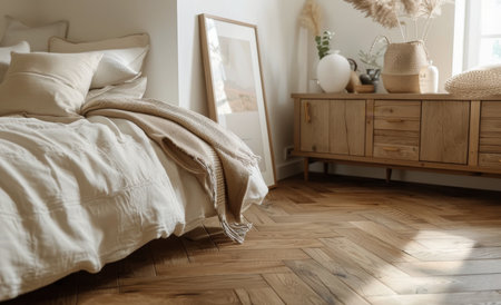 A modern bedroom with natural light streaming in, highlighting the herringbone pattern of the wood flooring.の素材