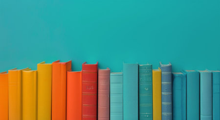 A row of colorful books stands upright against a solid blue background.の素材