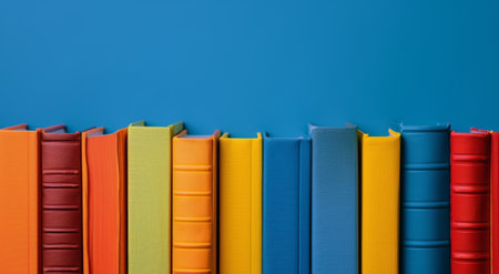A row of colorful books stands upright against a solid blue background.の素材