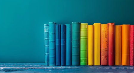 A row of colorful books stands upright against a solid blue background.の素材