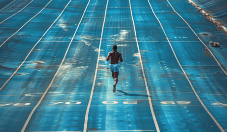 A single runner in a blue tank top runs on a blue track with white lines.の素材