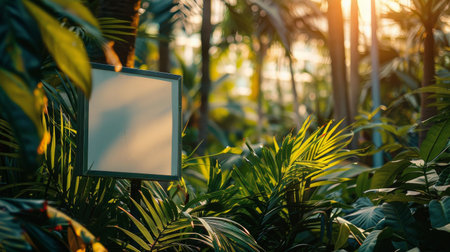 A blank sign stands in a lush tropical garden, sunlight filtering through the foliage.の素材