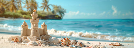 A sandcastle stands on a sandy beach, with waves crashing in the background and palm trees on the shore.の素材