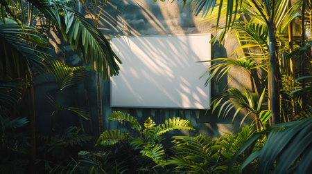 A blank sign stands in a lush tropical garden, sunlight filtering through the foliage.の素材