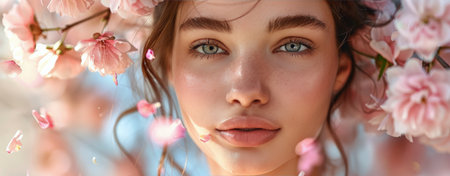 A close up portrait of a young woman with freckles. She has long red hair and blue eyes. Pink flowers are in the background.の素材