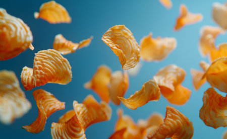 A close-up shot of potato chips falling against a blue background.の素材