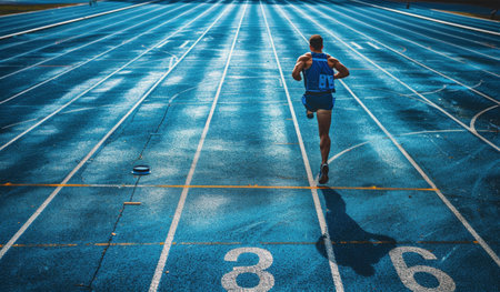 A single runner in a blue tank top runs on a blue track with white lines.の素材