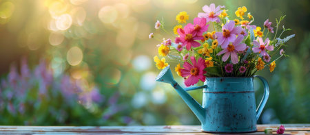 A blue watering can be filled with a bouquet of colorful flowers sits on a weathered wooden table in a garden setting.の素材
