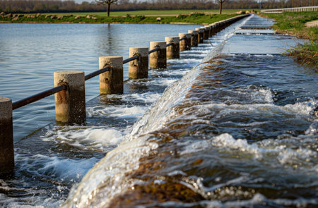 A close-up view of water flowing over a concrete dam with wooden posts, surrounded by lush greenery.の素材