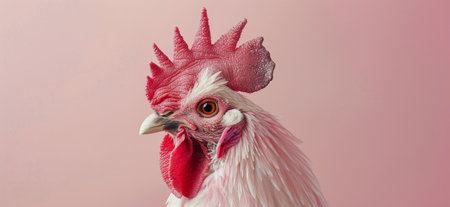 A close up portrait of a rooster with a bright red comb and wattles, against a soft pink background.の素材