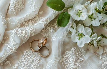 A close-up photo of two gold wedding bands resting on white lace fabric, adorned with delicate cream and white ranunculus flowers.の素材