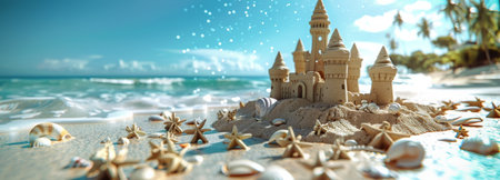 A sandcastle stands on a sandy beach, with waves crashing in the background and palm trees on the shore.の素材