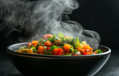 A close-up of a black bowl filled with steaming, colorful vegetables, including carrots, peppers, and peas.の素材