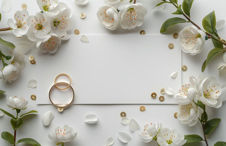 A white card surrounded by white flowers, green leaves, and two golden wedding bands on a white background.の素材