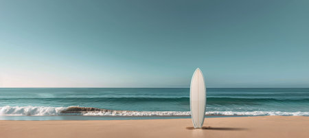 A white surfboard stands upright on a sandy beach, with the ocean and blue sky in the background.の素材