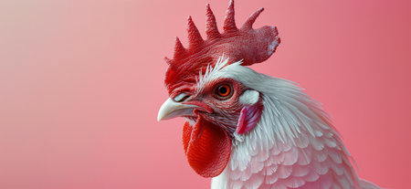 A close up portrait of a rooster with a bright red comb and wattles, against a soft pink background.の素材