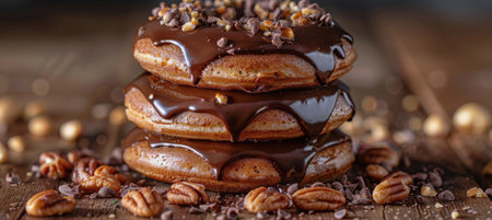 Closeup of three chocolate covered pastries with walnuts on a slate plate.の素材