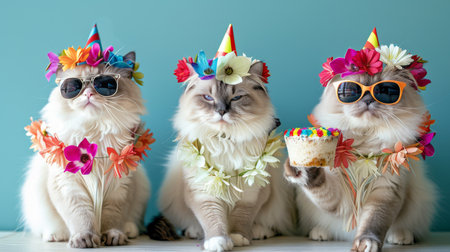 Three white cats wearing colorful flower crowns and sunglasses sit side-by-side in front of a light blue background.の素材