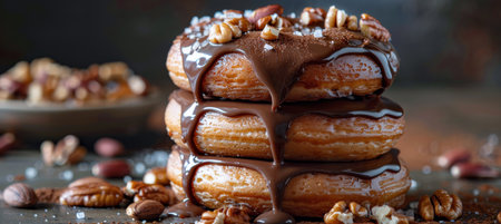 Closeup of three chocolate covered pastries with walnuts on a slate plate.の素材