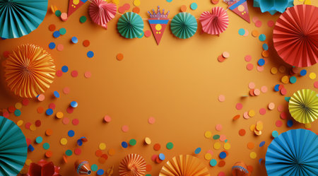 A bright, festive scene with colorful paper fans and confetti on a peach wall.の素材