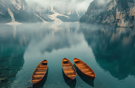 Three wooden boats are docked on a still, turquoise lake. The water reflects the surrounding mountains, which are shrouded in mist.の素材