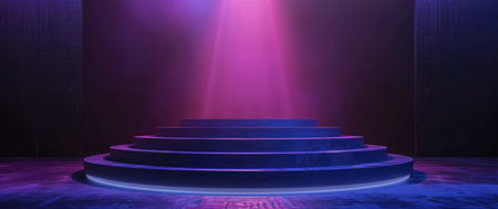 A circular platform with multiple steps, illuminated by a bright pink light. The platform is set against a dark background, creating a dramatic and futuristic effect.の素材