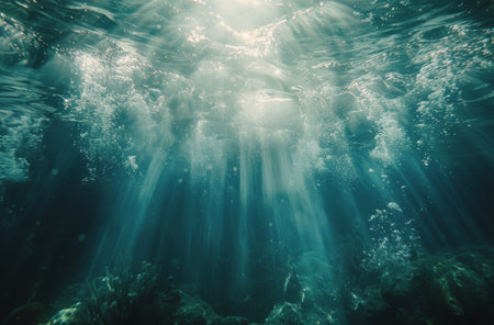 Sunbeams shine through the surface of blue ocean water, illuminating the dark depths and illuminating a rocky seabed.の素材