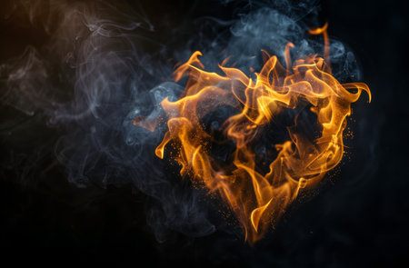 A burning rope creates a heart shape against a dark background, with smoke swirling around it.の素材
