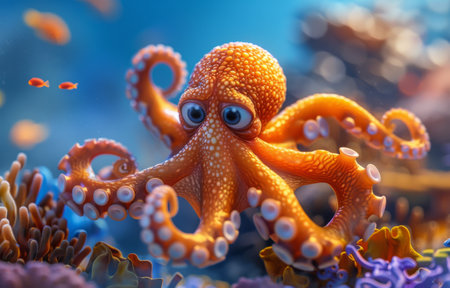 A close-up shot of an orange octopus with large, blue eyes swimming near colorful coral.の素材